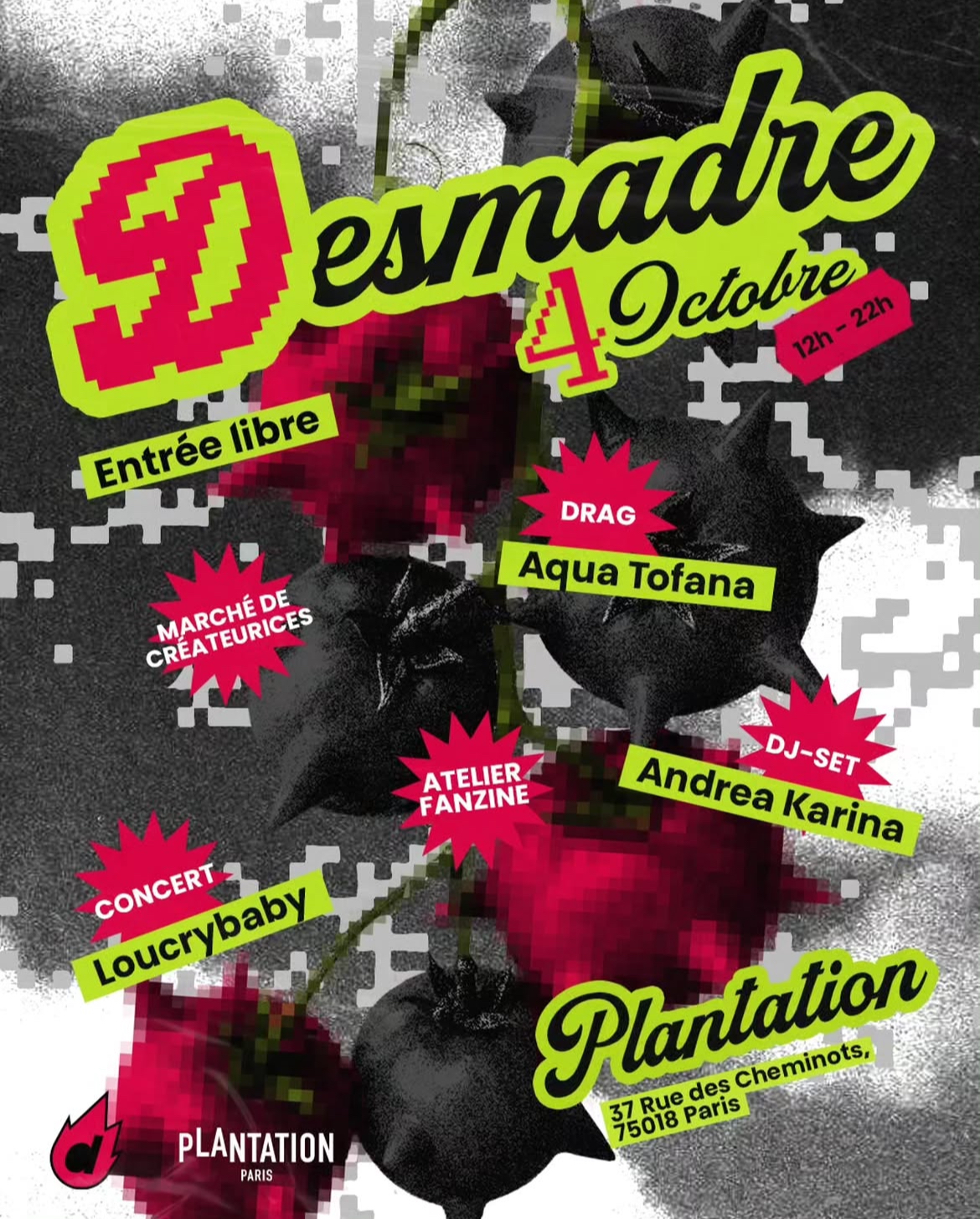 Desmadre market, drag, zine workshop, concert, and DJ set at Plantation Paris on October 9